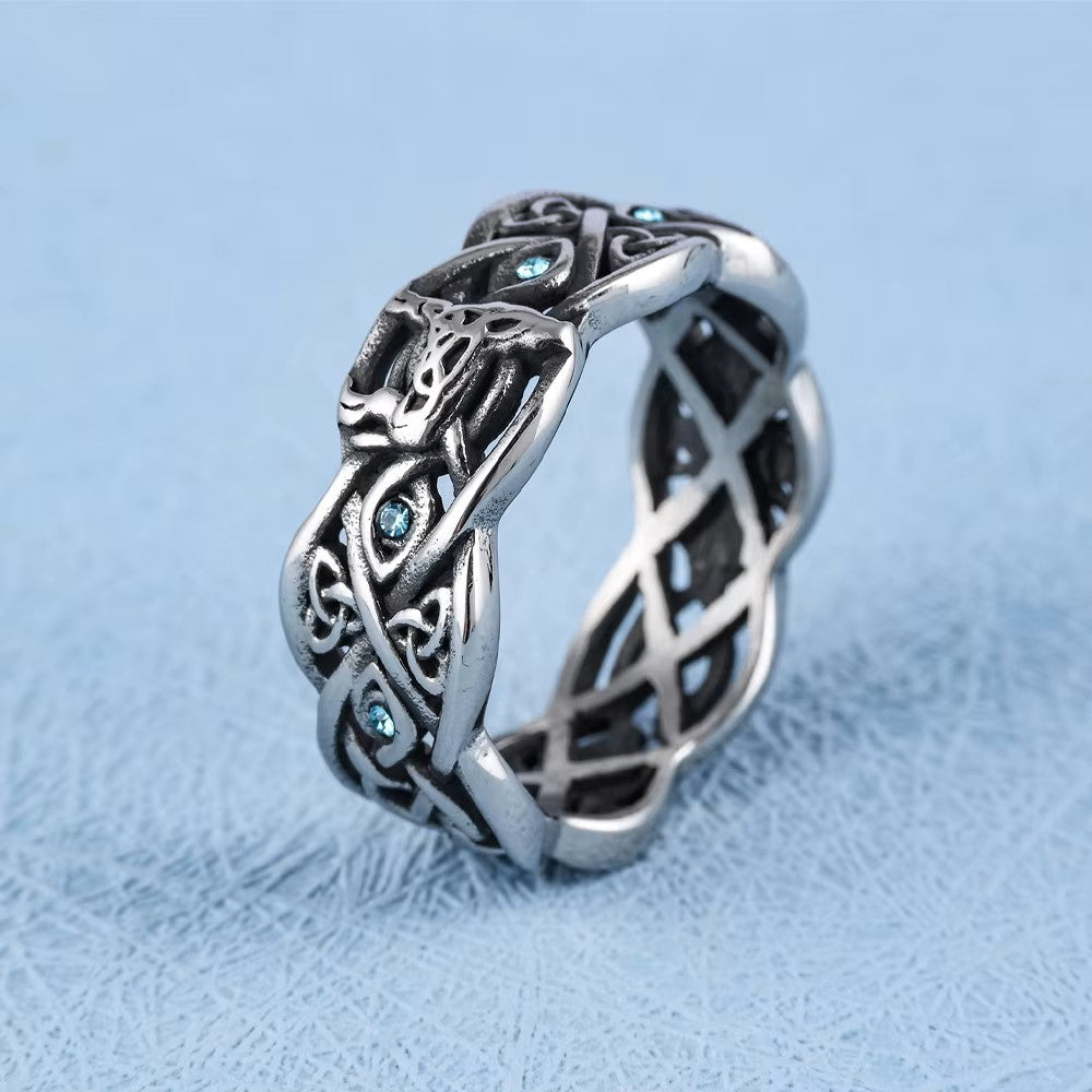 ANILLO VIKINGO LOBO Y PIEDRA AZULES