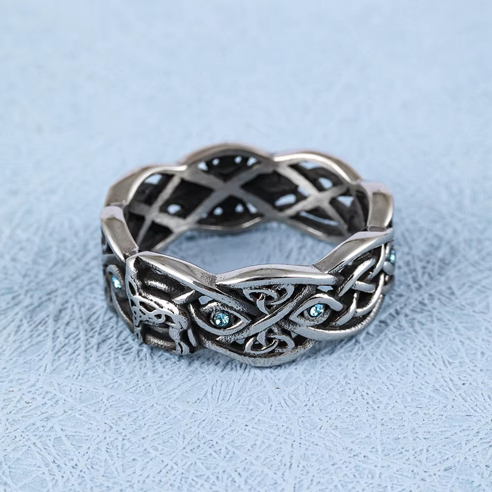 ANILLO VIKINGO LOBO Y PIEDRA AZULES