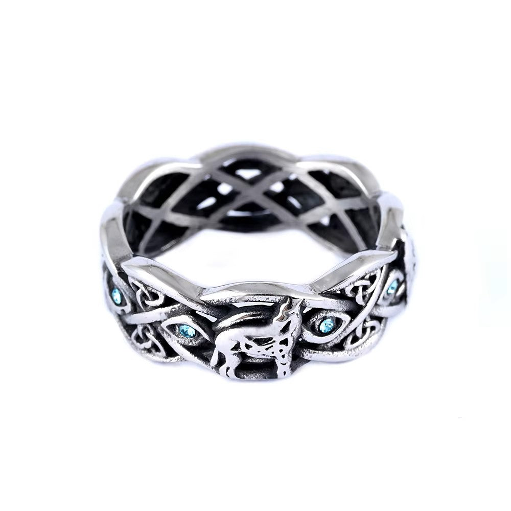 ANILLO VIKINGO LOBO Y PIEDRA AZULES