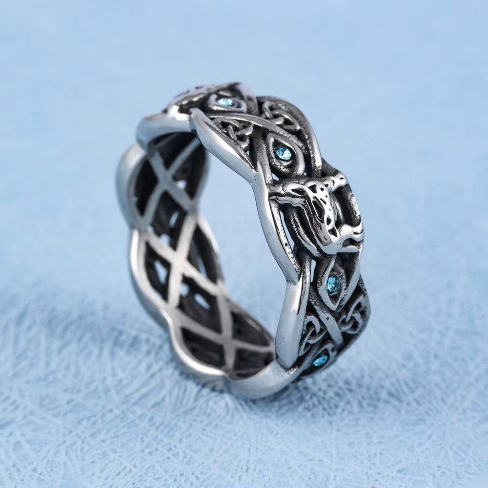 ANILLO VIKINGO LOBO Y PIEDRA AZULES