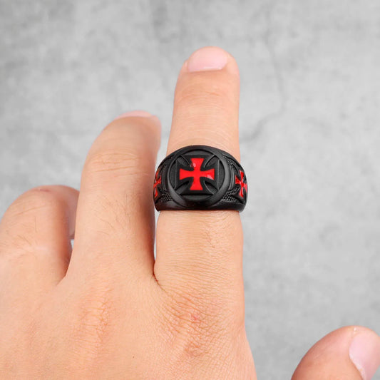 ANILLO NEGRO CRUZ ROJA TEMPLARIA